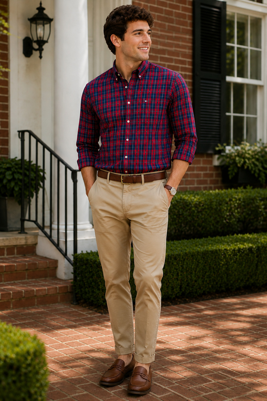 Tommy Hilfiger Mens XL Shirt Red Blue Plaid Classic Fit Cotton Button Down‎
